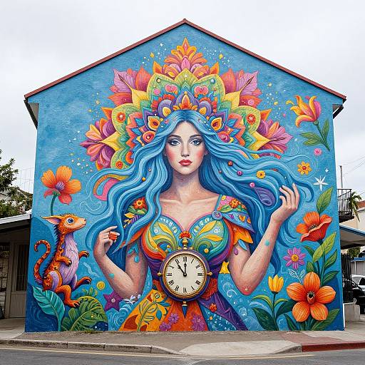 Vibrant mural of a blue-haired woman with floral headdress, clock on chest, surrounded by flowers and a monkey, painted on a blue building