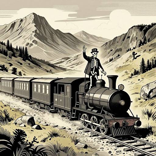 Black-and-white digital illustration of a skeletal conductor waving from a vintage steam train in a mountainous, grassy landscape.