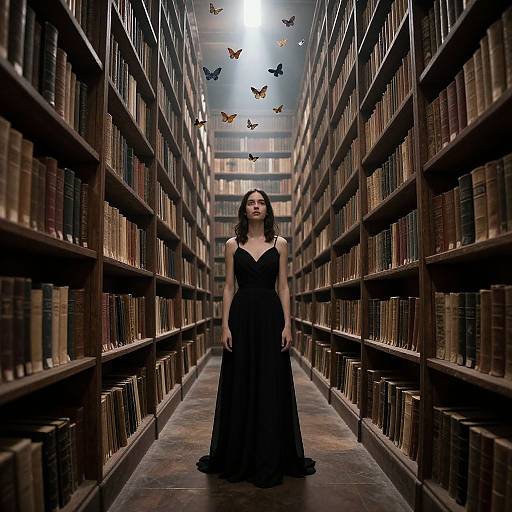 Photograph of a dark-haired woman in a black, sleeveless gown standing centered in a long, dimly lit library with wooden shelves and colorful butterflies
