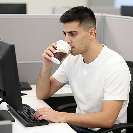 Photograph of a young man with short black hair, wearing a white t-shirt, sipping from a coffee cup while typing on a computer in a