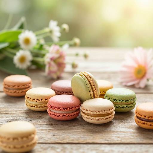 Photograph of colorful macarons in pink, green, beige, and red, arranged on a wooden surface with blurred flowers in the background.