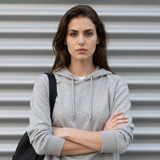 Serious Woman in Gray Hoodie Portrait