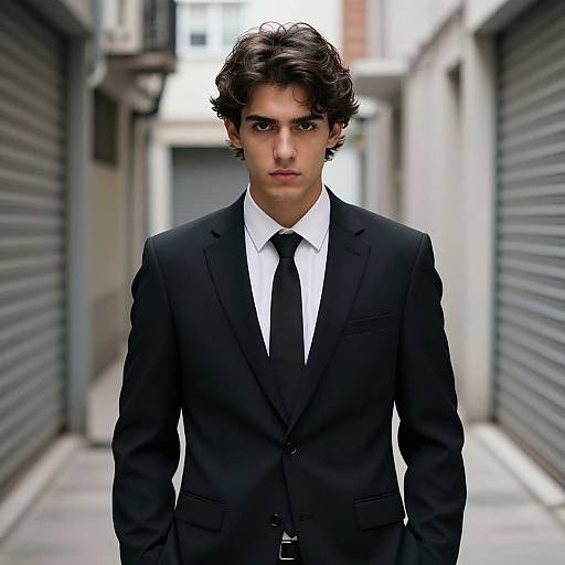 Photograph of a young man with curly dark hair, wearing a black suit, white shirt, and black tie, standing in a narrow alley with closed