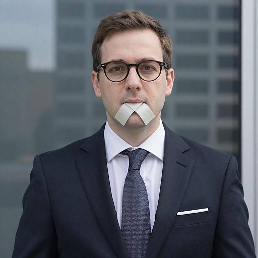 Businessman with Tape Over Mouth in Urban Setting