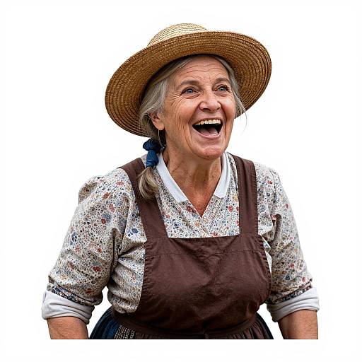 Photograph of a smiling elderly woman with gray hair, wearing a straw hat, floral blouse, and brown pinafore, against a white background.