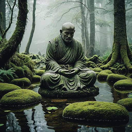 Weathered Stone Monk Statue in Mossy Woodland Pond