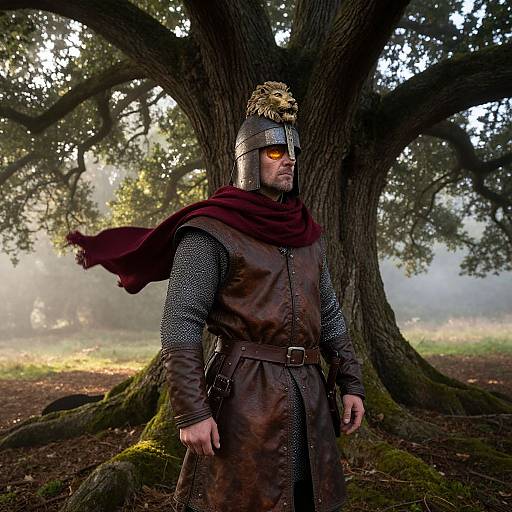 Photograph of a medieval knight in metal helmet with yellow eye slit, red scarf, chainmail, brown tunic, standing before a large, sun