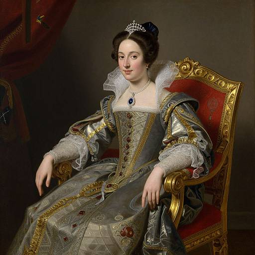 Baroque-style portrait of a regal woman with fair skin, dark hair in an updo, wearing a silver dress with gold and red embroidery,