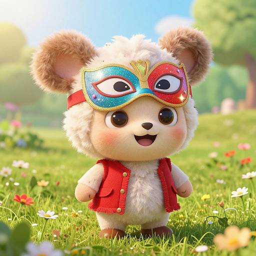 Cute CGI cartoon bear with fluffy white fur, red vest, and colorful masquerade mask stands in sunny, flower-filled meadow.