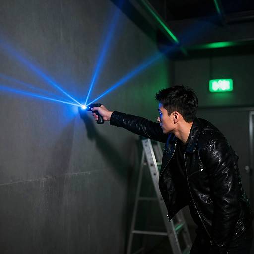 Man Aiming Laser in Industrial Setting