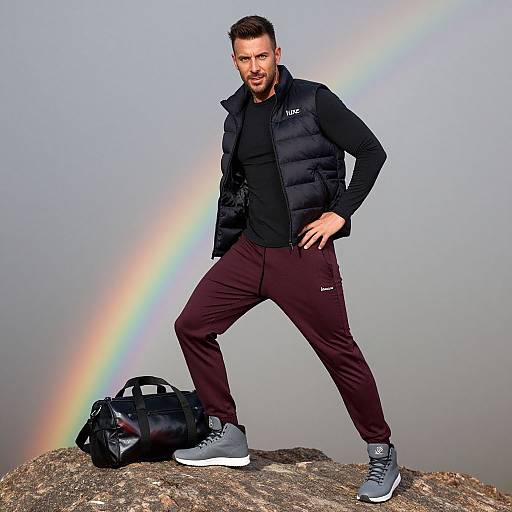 Photograph of muscular man with short brown hair, black puffer vest, maroon tracksuit, and gray sneakers, standing on rock with black backpack