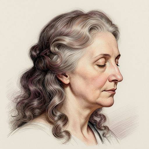 Digital illustration of a serene, older woman with gray, wavy hair in profile, closed eyes, and gentle expression, wearing a white top. White