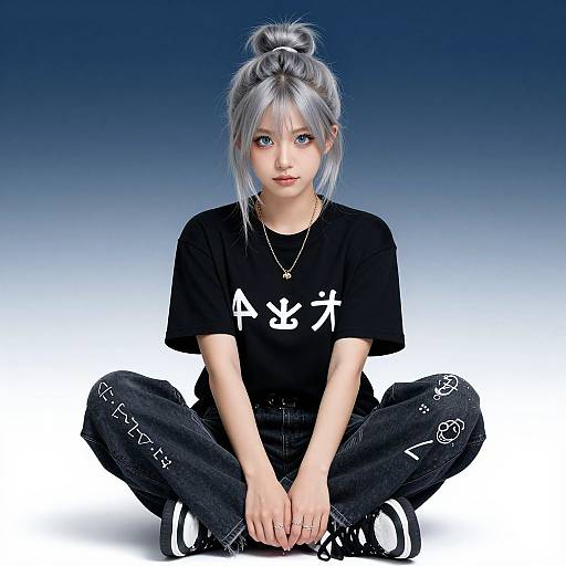 Digital art of a silver-haired anime girl with a bun, wearing a black T-shirt with white Japanese text, black jeans with white designs, and black