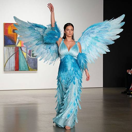 Photograph of a model in a blue feathered gown with large angel wings, walking on a runway in front of modern abstract art.