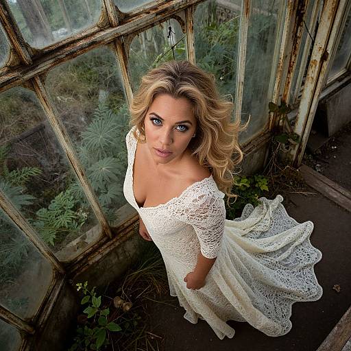 Photograph of a blonde woman with wavy hair, wearing an off-shoulder white lace dress, standing in a rustic, glass-paned