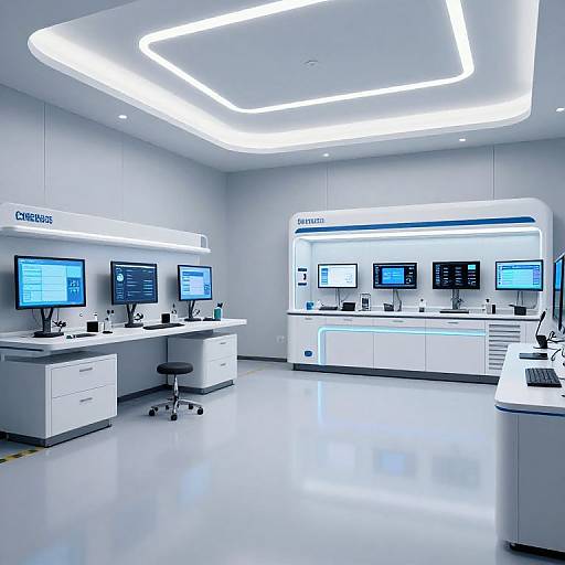 Modern, brightly-lit control room with white walls and ceiling, sleek white desks, multiple monitors, and glowing blue accents. Labels read 
