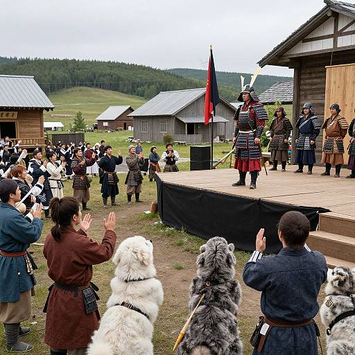 Photograph of a historical reenactment: Viking warriors in traditional attire stand on a wooden platform, addressing a crowd of spectators with dogs, in