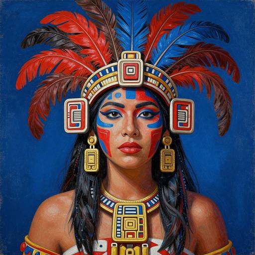 Digital portrait of a Native American woman with vibrant red and blue feathered headdress, bold face paint, gold jewelry, against a deep blue background.