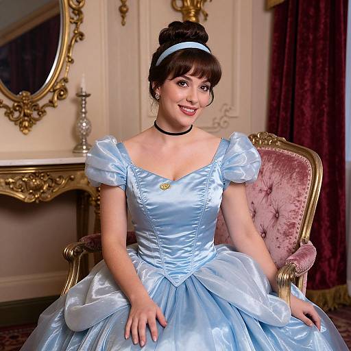 Photograph of a smiling young woman with fair skin, dark hair in a bun, wearing a light blue satin Cinderella-style gown, seated on a