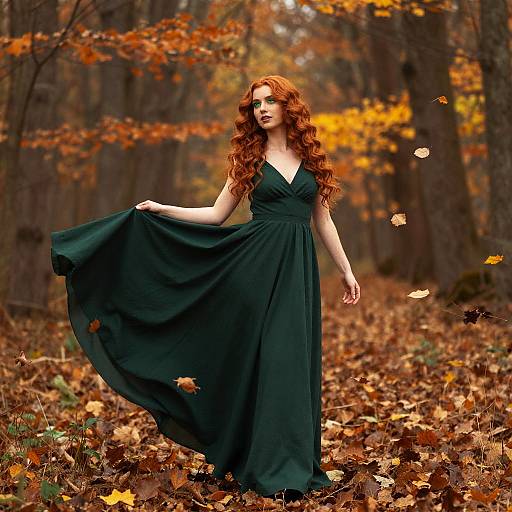 Photograph of a red-haired woman in a dark green, V-neck, floor-length dress, standing in an autumn forest, swirling her dress, surrounded