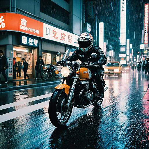 Retro Motorcycle Riding on Rainy Tokyo Street at Night