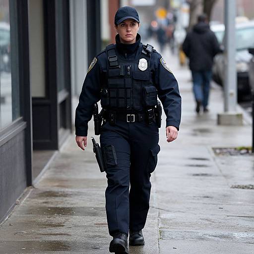 Realistic Female Officer on Rainy Street