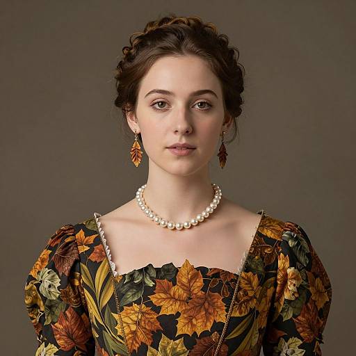 Photograph of a fair-skinned woman with brown hair in an elegant, Victorian-style floral dress, pearl necklace, and autumn leaf earrings, against a