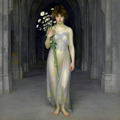 Digital artwork of a fair-skinned woman with curly brown hair, wearing a translucent white gown, holding white flowers, standing barefoot in a dark,