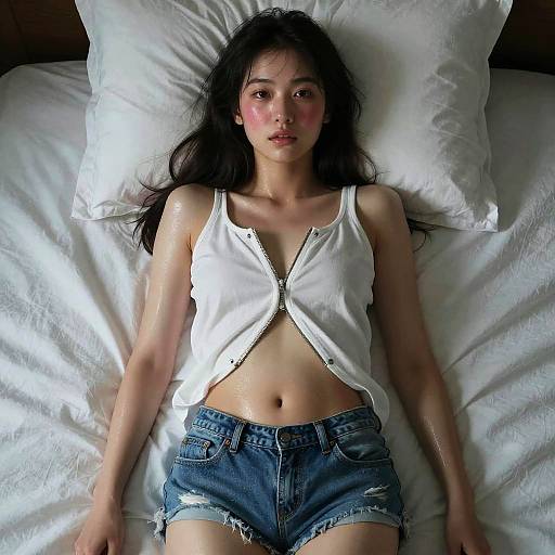Photograph of an Asian woman with long black hair, pale skin, pink cheek blush, wearing an unbuttoned white tank top and denim shorts,