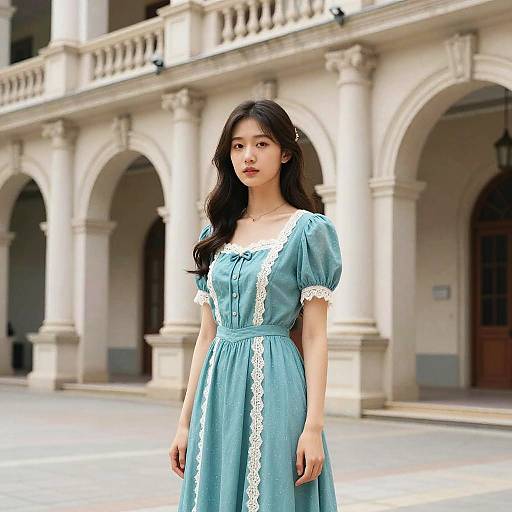Photograph of an Asian woman with long black hair in a blue lace-trimmed dress, standing in front of an ornate, arched building
