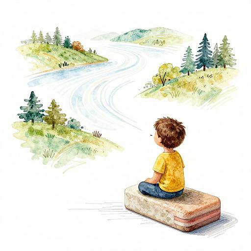 Watercolor painting of a young boy with brown hair, yellow shirt, and blue pants sitting on a cushion, watching a serene river flanked by green