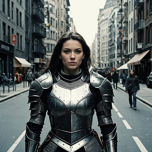 Photorealistic image of a determined woman with long brown hair, wearing shiny black medieval armor, standing in a bustling urban street.