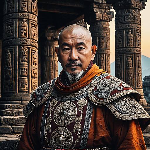 Elderly Warrior Monk in Ornate Outfit at Ancient Temple