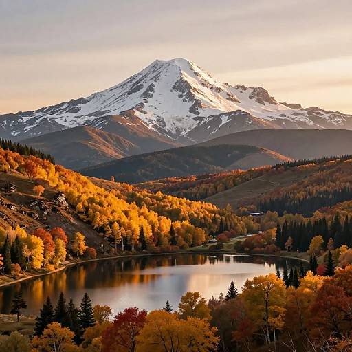 Photograph of a snow-capped mountain at sunset, reflecting in a serene lake surrounded by vibrant autumn trees with orange and yellow leaves.