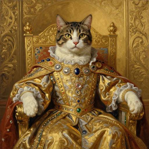 Digital artwork of a regal tabby cat in an elaborate, gold-embroidered royal robe and ornate throne, with intricate baroque background