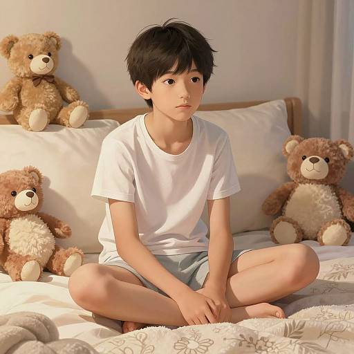 Photograph of an East Asian boy with short black hair, wearing a white t-shirt and blue shorts, sitting cross-legged on a bed surrounded by four