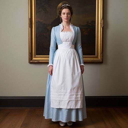 Photograph of a young woman in a light blue Victorian maid dress with white apron, standing in a room with a large, gold-framed painting