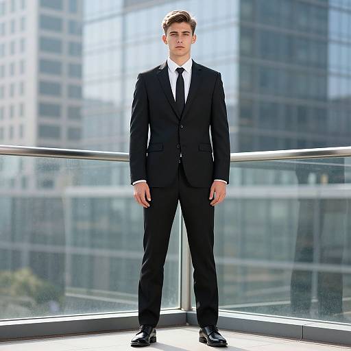 Confident Man on Modern Glass Balcony