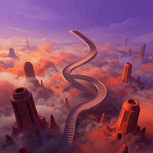 Digital art: Curving, elevated highway winds through a surreal, red-orange, cloud-covered cityscape with towering, cylindrical skyscrapers under a purple