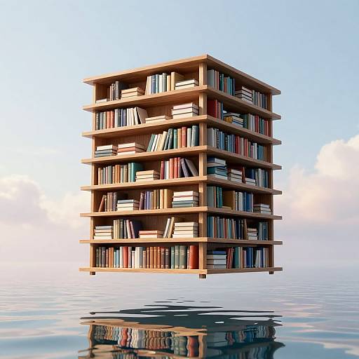 Floating wooden bookshelf with colorful books, suspended mid-air over calm water, reflected below, against a clear, blue sky.