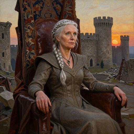 Elderly woman with white braided hair, medieval brown dress, sitting on ornate throne, castle towers at sunset, digital painting.