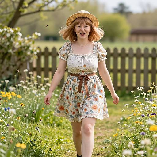 Photograph of a smiling young woman with light brown hair, wearing a floral dress, brown ribbon tie, and straw hat, walking through a sunlit