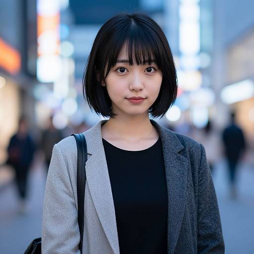 Photograph of an Asian woman with short black hair, wearing a gray blazer over a black top, standing in a brightly lit, bustling city street