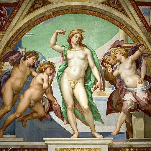 Renaissance painting of a nude, fair-skinned woman with a green drapery, surrounded by four nude, winged cherubs in a