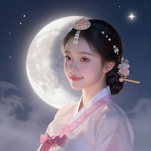 Digital art of an Asian woman in traditional Korean attire, adorned with floral hairpins, under a bright full moon in a starry night sky.