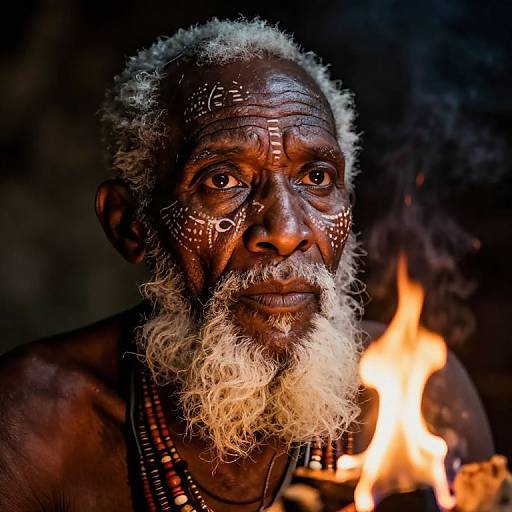 Photograph of an elderly Indian man with dark skin, white curly hair, and beard, adorned with tribal face paint, wearing beads, in front of