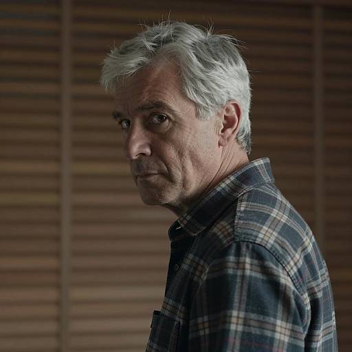 Serious Middle-Aged Man in Plaid Shirt
