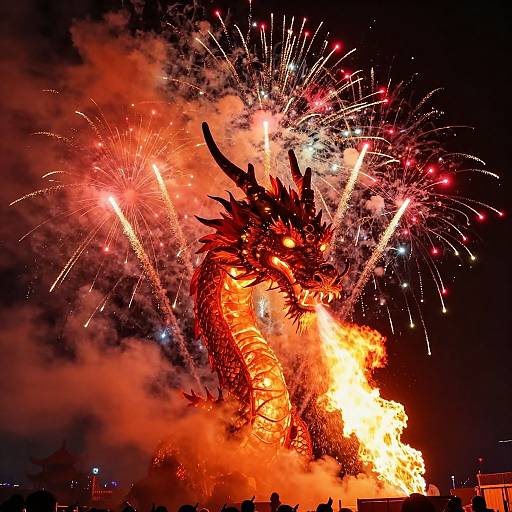Photograph of a fiery dragon-shaped fireworks display with vibrant red, orange, and white explosions against a dark night sky.