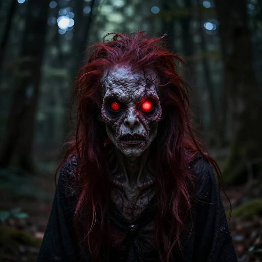 Photograph of a creepy forest creature with long, disheveled red hair, pale, textured face, and glowing red eyes, standing in a dark