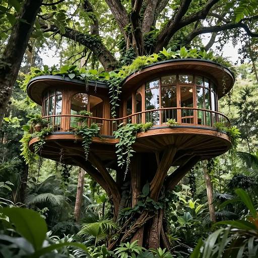 Photograph of a whimsical, wooden treehouse with two circular rooms, surrounded by lush green foliage and vines, nestled high in a dense forest.